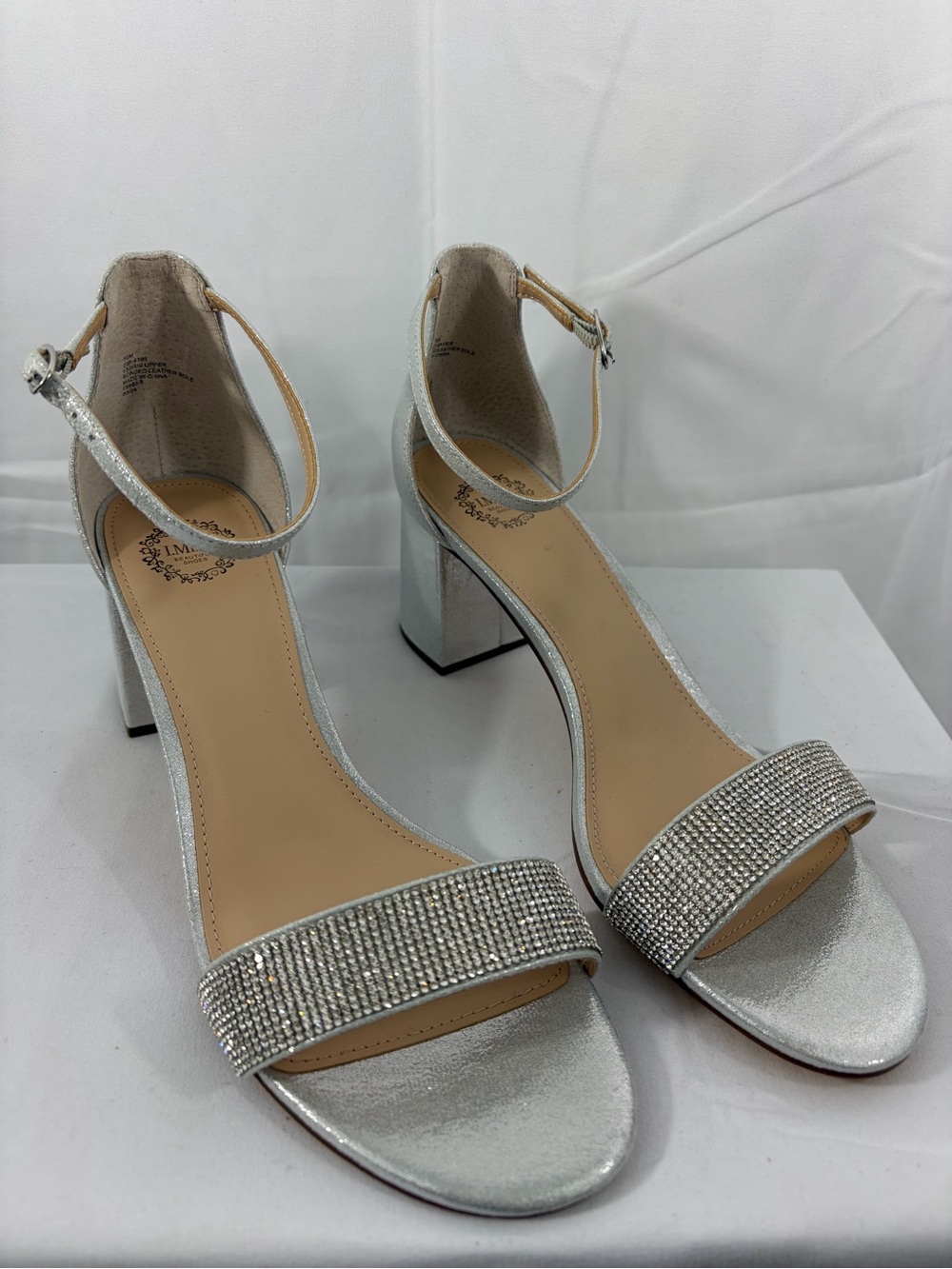 NWT I. Miller Women's Size 10 Crystal Silver Ankle-Strap Block Heel Sandals